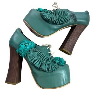 IRREGULAR Choice Platform Chunky Heel Flower Ruffle Green Leather Heels Shoes 10
